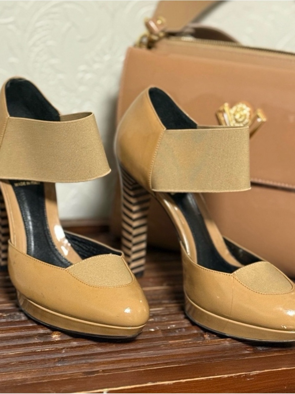 Fendi Camel Platform Ankle-Strap Pumps with Striped Black heel